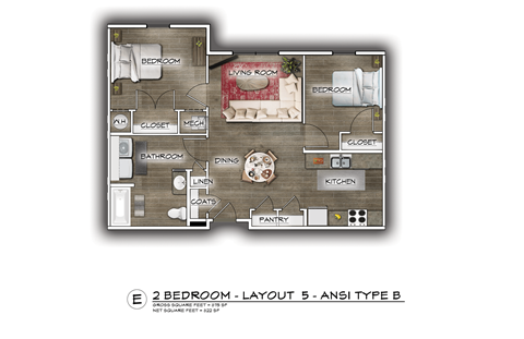 Floor plan for 2 beds, 1 bath, 875 sqft